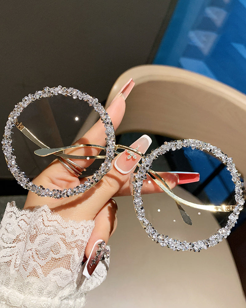 Rhinestone-encrusted Metal Round-frame Fashion Sunglasses
