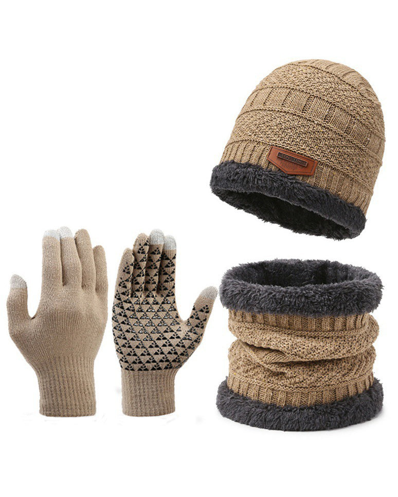 Thickened Knitted Hat Wool Gloves Scarf Hat Plus Velvet Three-piece Set