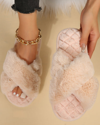 Criss Cross Open Toe Rabbit Fur Winter Warm Fleece Slippers