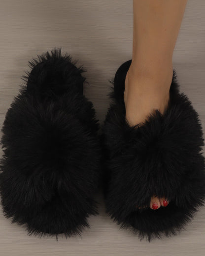 Long Plush Fuzzy Criss Cross Warm Cotton Slippers