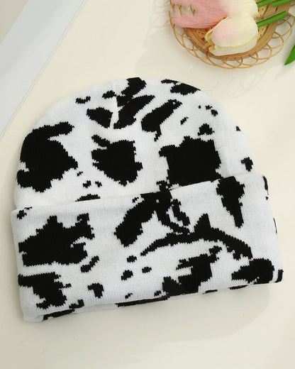 Unisex High-Quality Multicolor Cow Print Western Style Moire Knit Beanie