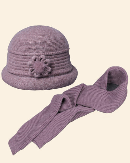Knitted Flower Jacquard Fleece-Lined Warm 2-Piece Bucket Hat & Scarf Set