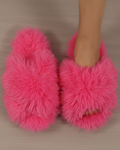 Long Plush Fuzzy Criss Cross Warm Cotton Slippers