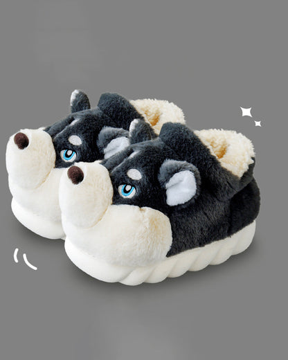Plush Bag With Cute Husky Cartoon Home Cotton Slippers