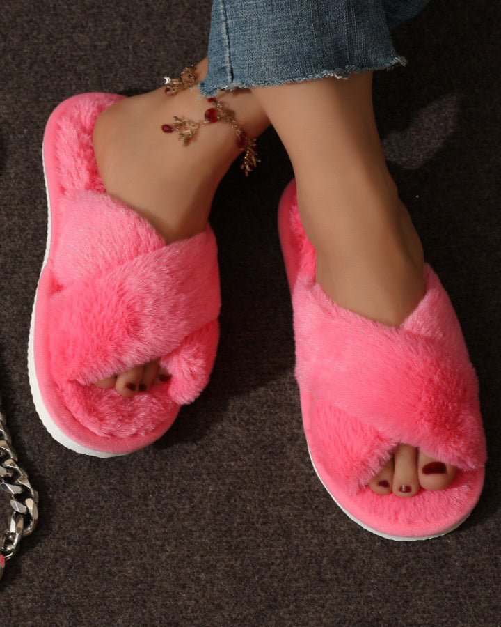 Warm Fuzzy Plush Pearl Criss Cross Flat Slippers