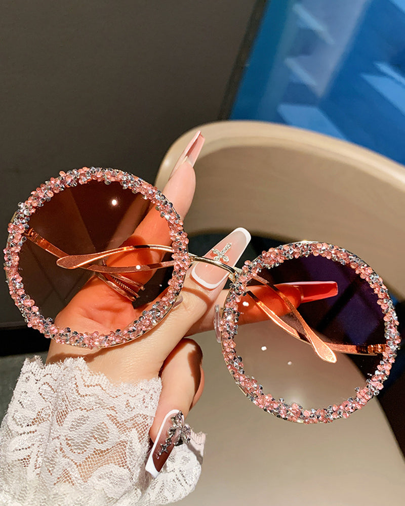 Rhinestone-encrusted Metal Round-frame Fashion Sunglasses