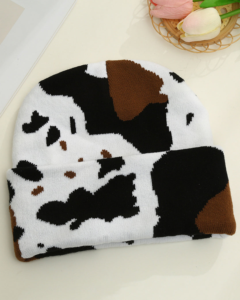 Unisex High-Quality Multicolor Cow Print Western Style Moire Knit Beanie