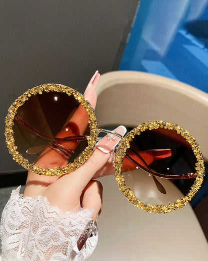 Rhinestone-encrusted Metal Round-frame Fashion Sunglasses