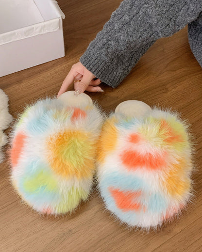Leopard Print Fluffy Long Plush Closed Toe Warm Cotton Slippers