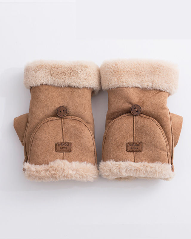 Suede Fleece-Lined Insulated Adjustable Gloves