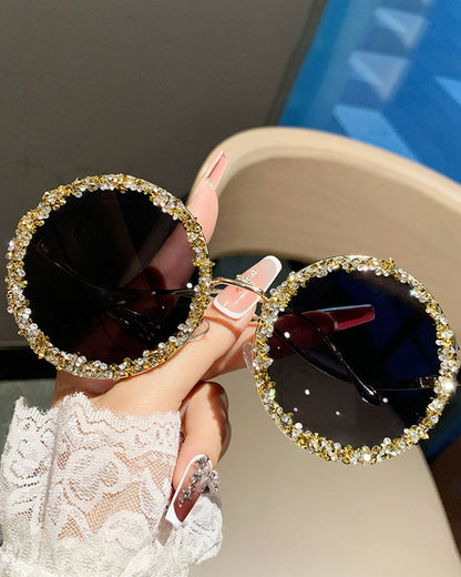 Rhinestone-encrusted Metal Round-frame Fashion Sunglasses