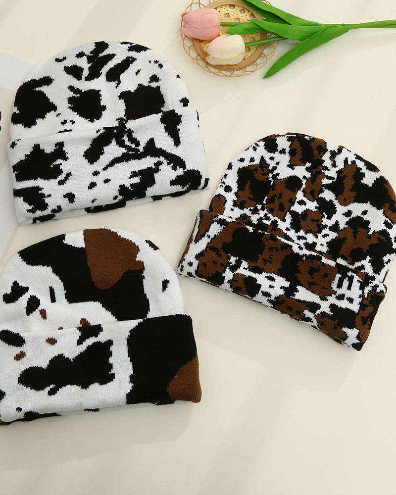 Unisex High-Quality Multicolor Cow Print Western Style Moire Knit Beanie