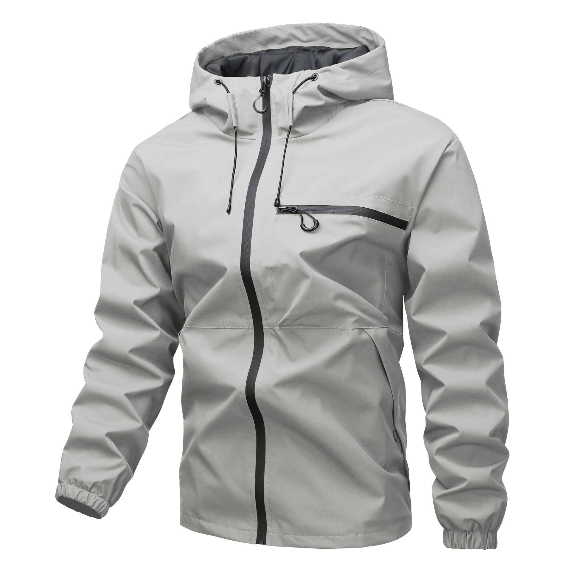Solid color pocket drawstring hooded jacket, waterproof and wear-resistant