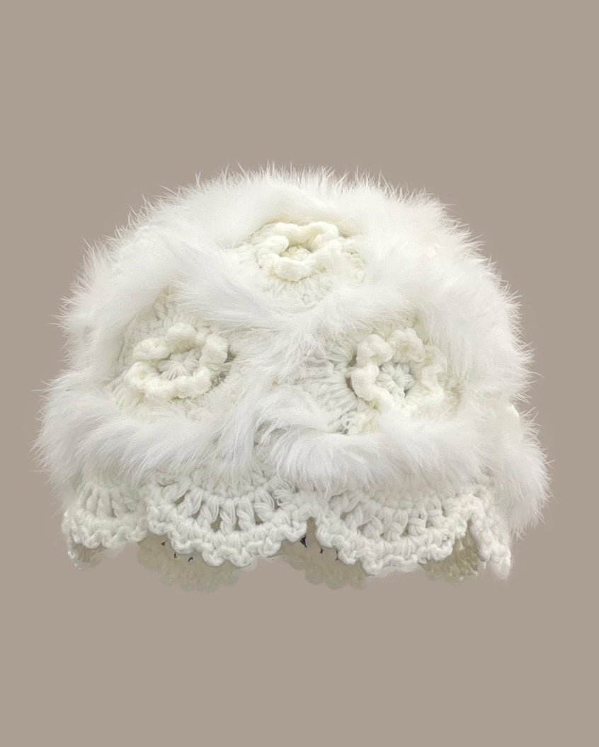 Hand-Crocheted Flower Openwork Angora Beanie