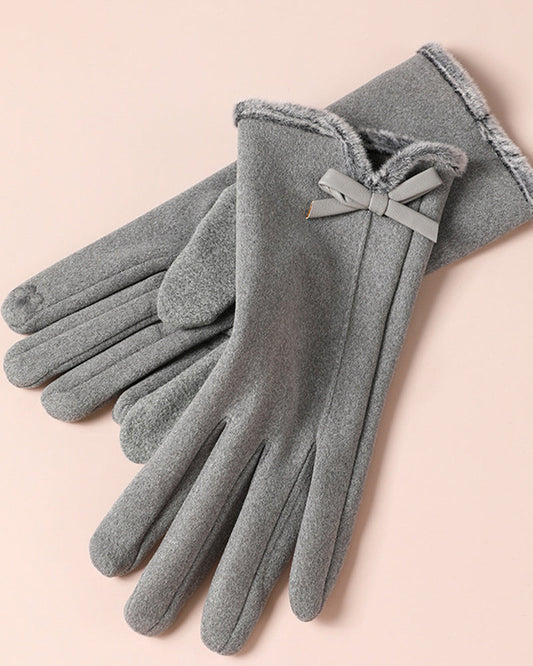 Fuzzy Plush Bow Accent Warm & Cold-Resistant Touchscreen Gloves