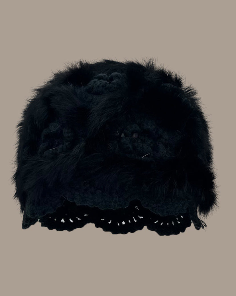 Hand-Crocheted Flower Openwork Angora Beanie