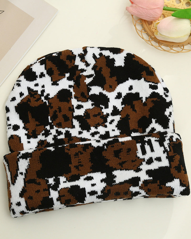 Unisex High-Quality Multicolor Cow Print Western Style Moire Knit Beanie