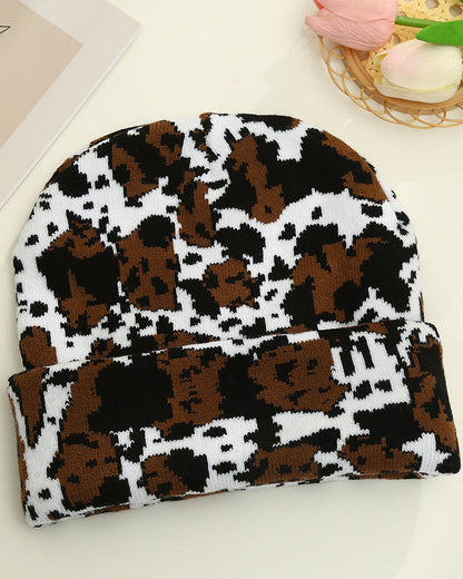 Unisex High-Quality Multicolor Cow Print Western Style Moire Knit Beanie