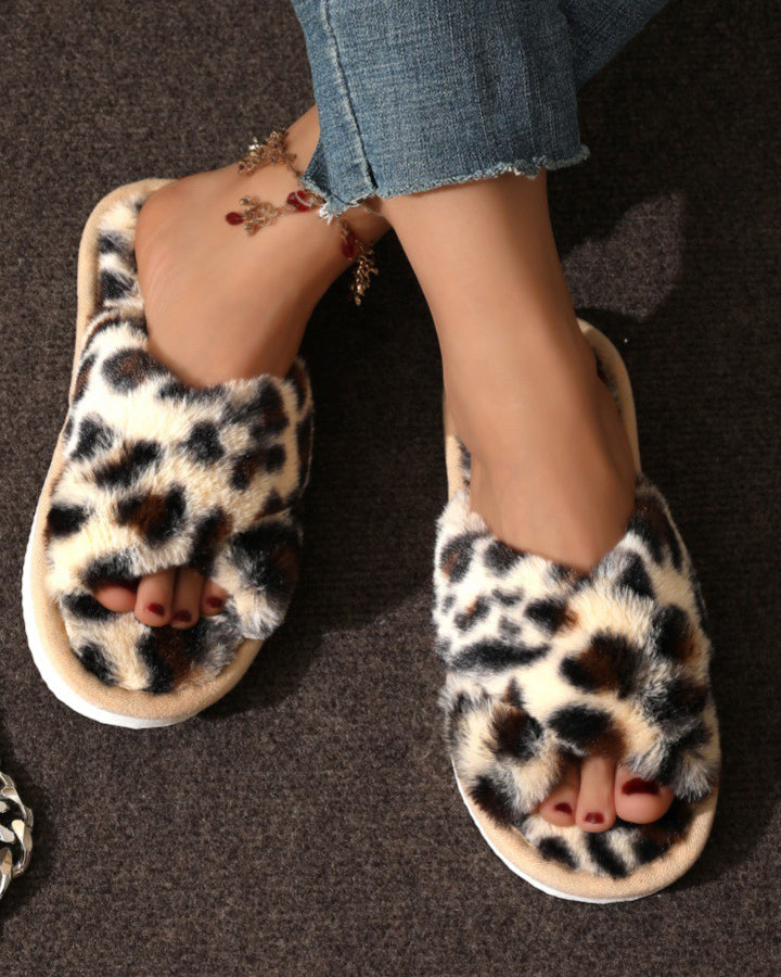 Warm Fuzzy Plush Pearl Criss Cross Flat Slippers