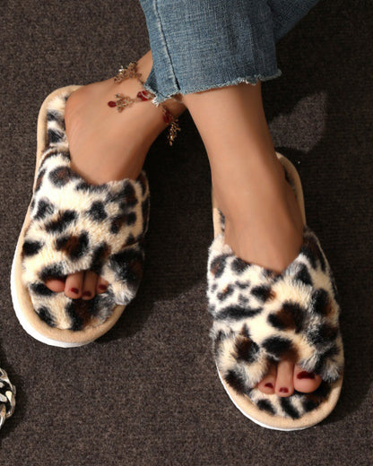 Warm Fuzzy Plush Pearl Criss Cross Flat Slippers