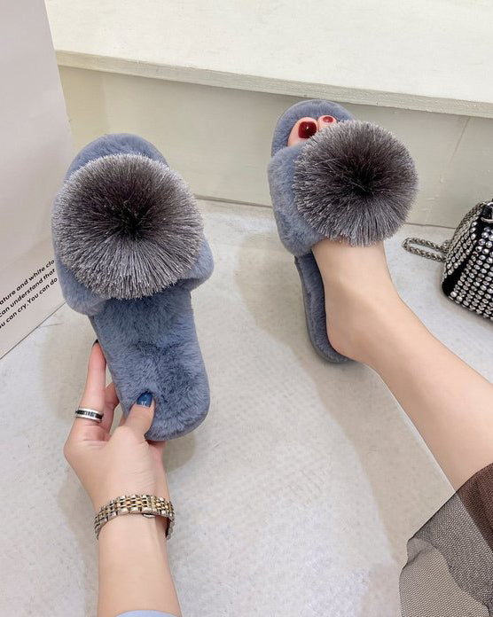 Solid Color Big Pom Pom Flat Fuzzy Plush Slippers