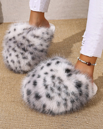 Leopard Print Fluffy Long Plush Closed Toe Warm Cotton Slippers