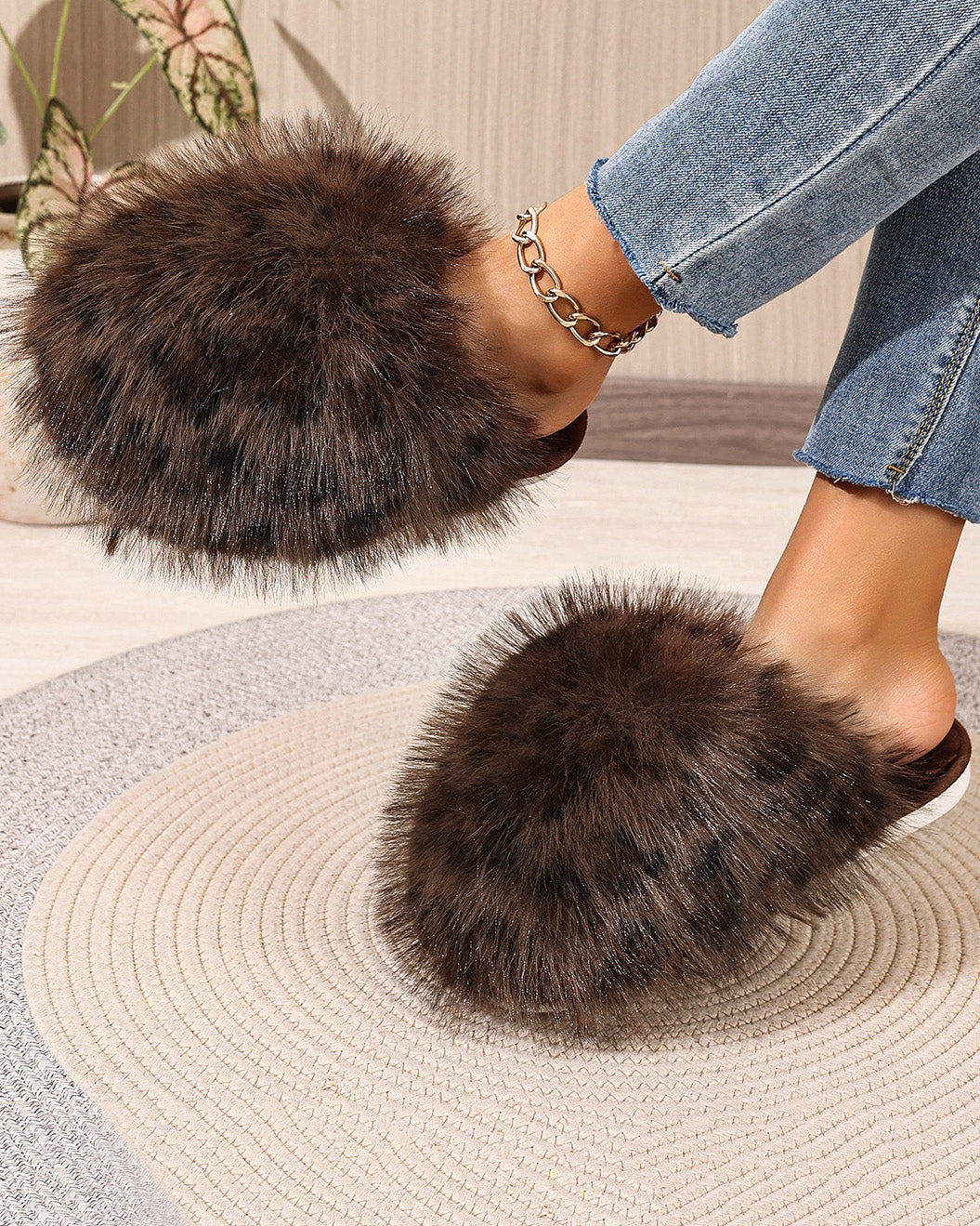 Leopard Print Fluffy Long Plush Closed Toe Warm Cotton Slippers