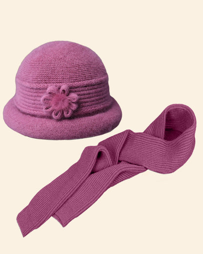 Knitted Flower Jacquard Fleece-Lined Warm 2-Piece Bucket Hat & Scarf Set