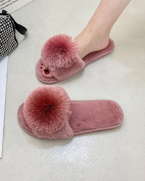 Solid Color Big Pom Pom Flat Fuzzy Plush Slippers