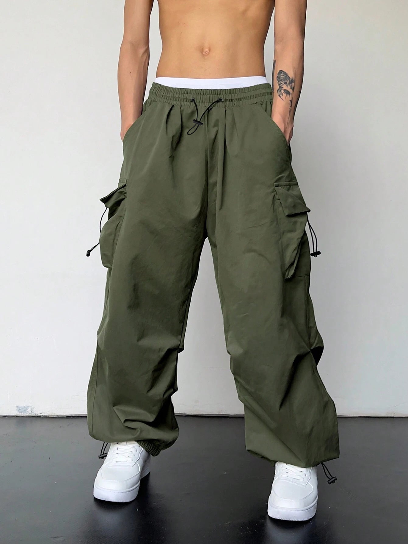 KZZ Loose Solid Pocket Drawstring Waist Overalls