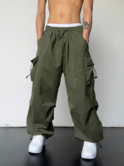 KZZ Loose Solid Pocket Drawstring Waist Overalls