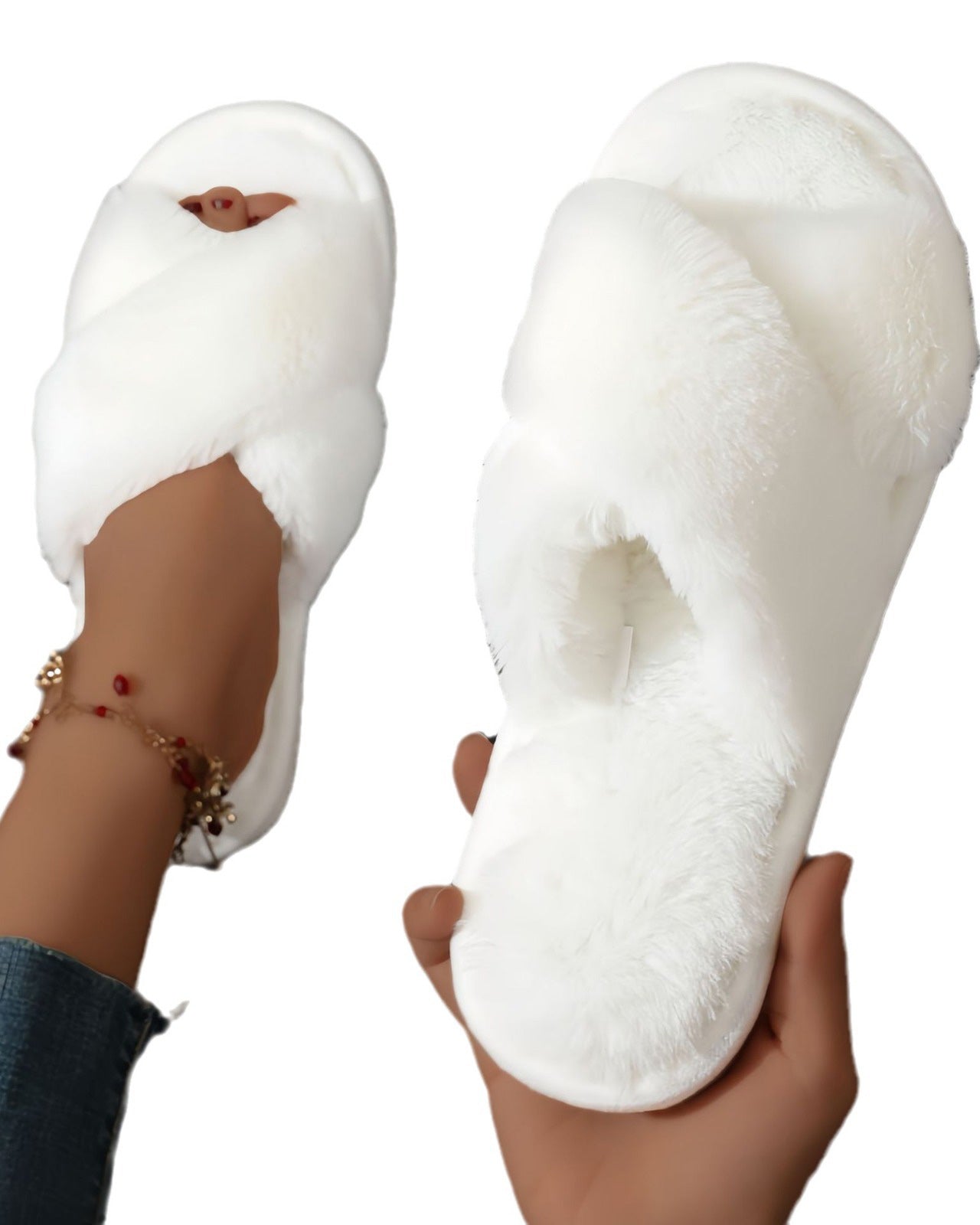Warm Fuzzy Plush Pearl Criss Cross Flat Slippers