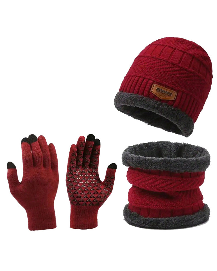 Thickened Knitted Hat Wool Gloves Scarf Hat Plus Velvet Three-piece Set