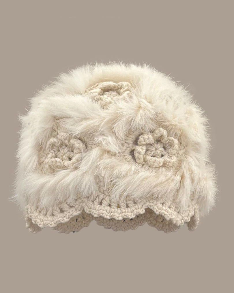 Hand-Crocheted Flower Openwork Angora Beanie