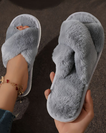 Warm Fuzzy Plush Pearl Criss Cross Flat Slippers