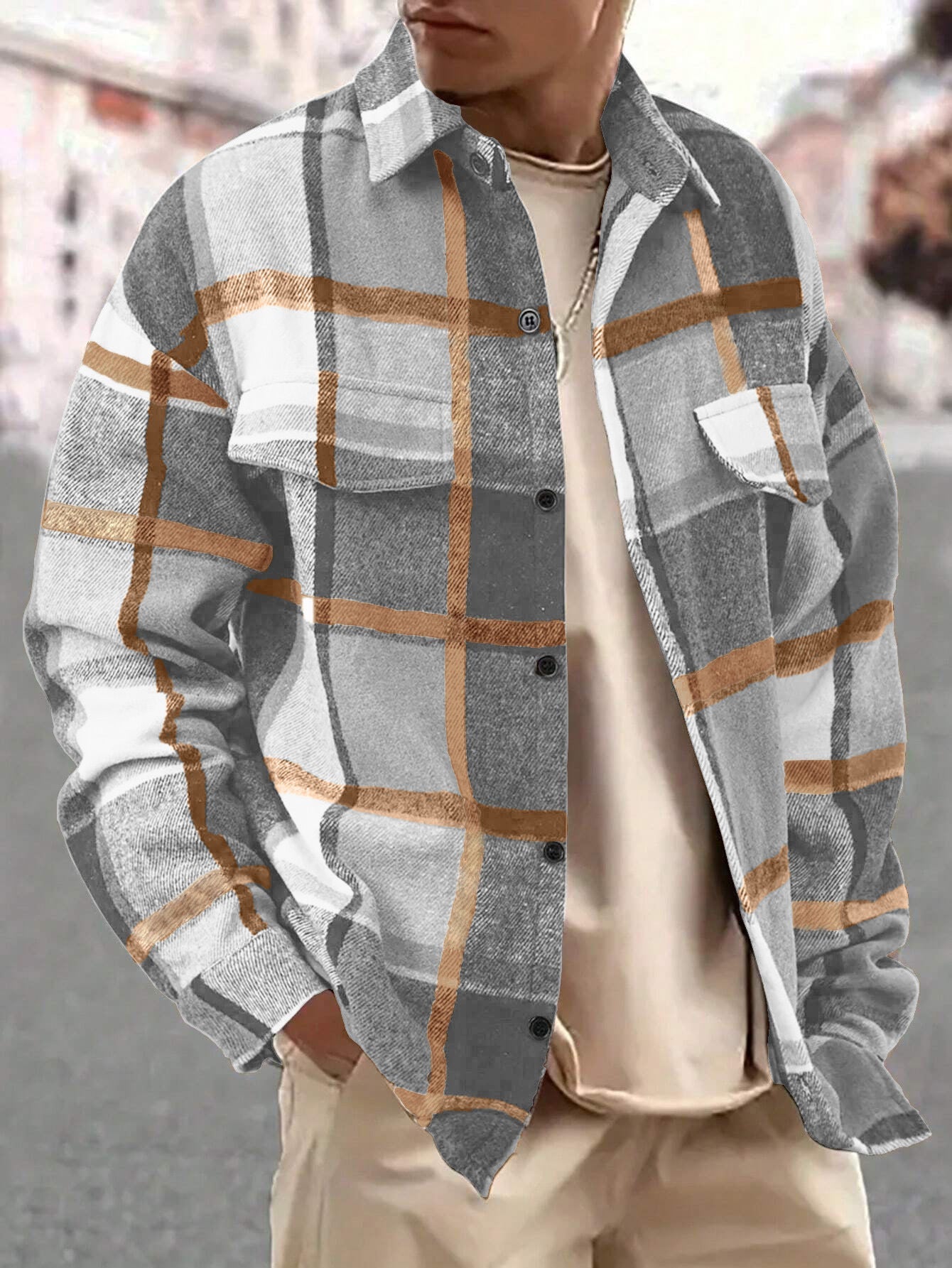 Men's Casual Loose-Fit Plaid Shirt,Vintage Style Long Sleeve Button Front Top