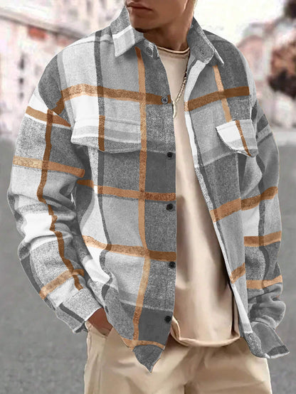 Men's Casual Loose-Fit Plaid Shirt,Vintage Style Long Sleeve Button Front Top