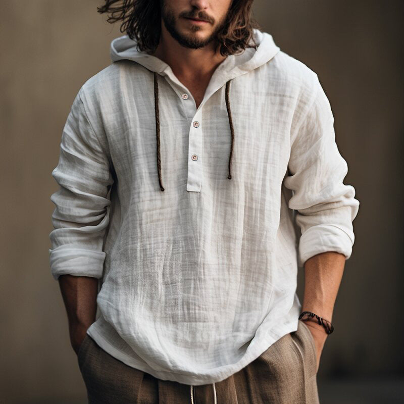Men's Casual Long Sleeve Hooded Linen Shirt