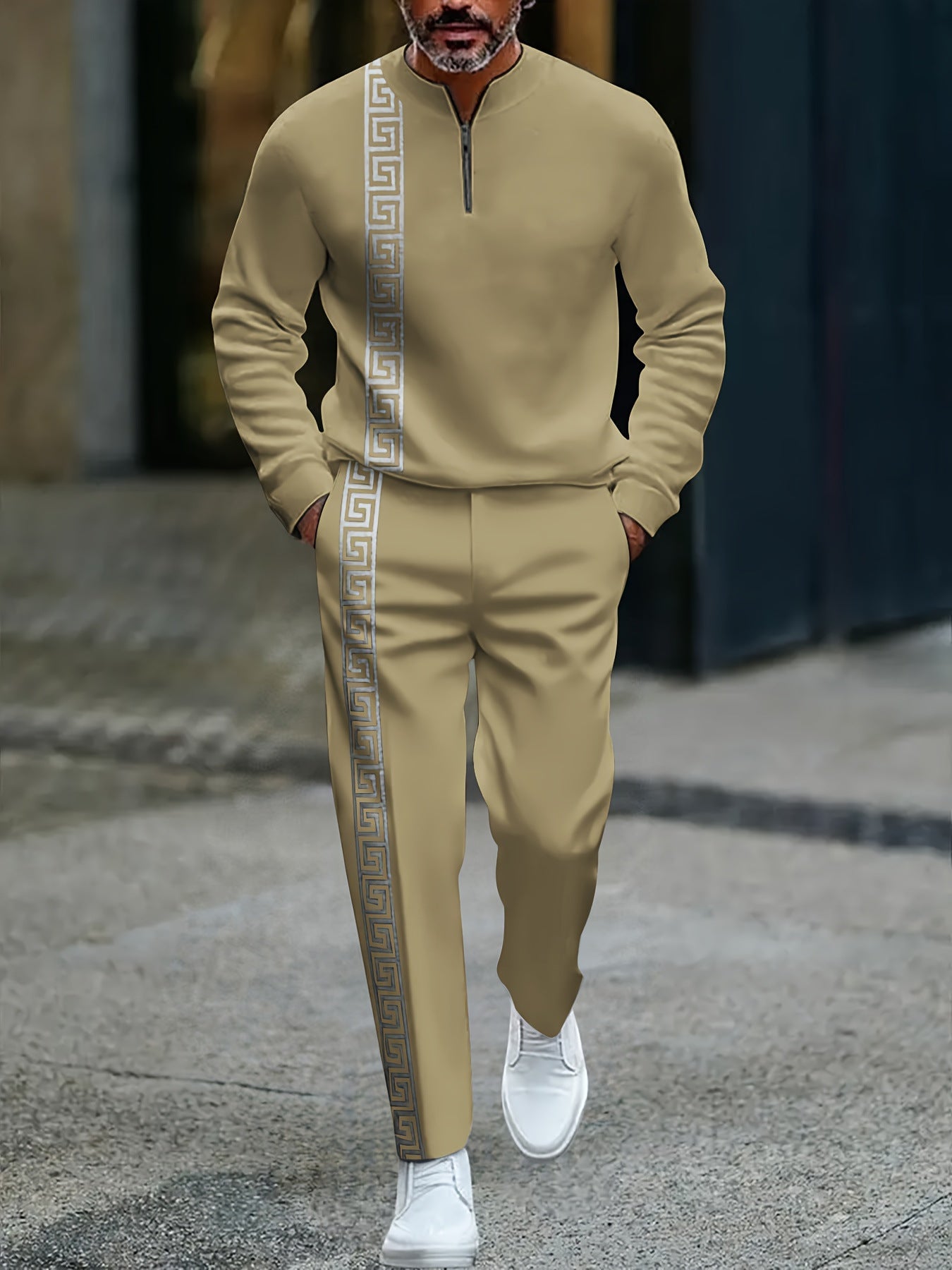 KZZ Men's fashion casual zipper stand up collar long sleeved pants set