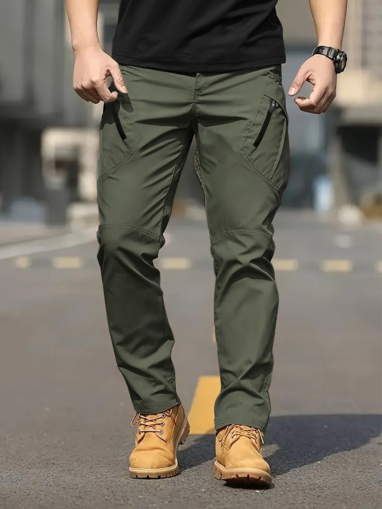 KZZ Men's Solid Color Flap Pocket Zipper Fly Cargo Pants without Belt Accessories