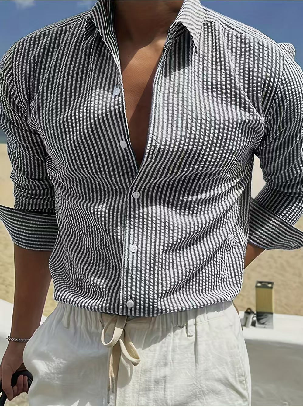 GGT Men's Striped Print Long Sleeve Shirt, Casual Comfy Top