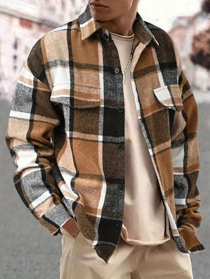 Men's Casual Loose-Fit Plaid Shirt,Vintage Style Long Sleeve Button Front Top