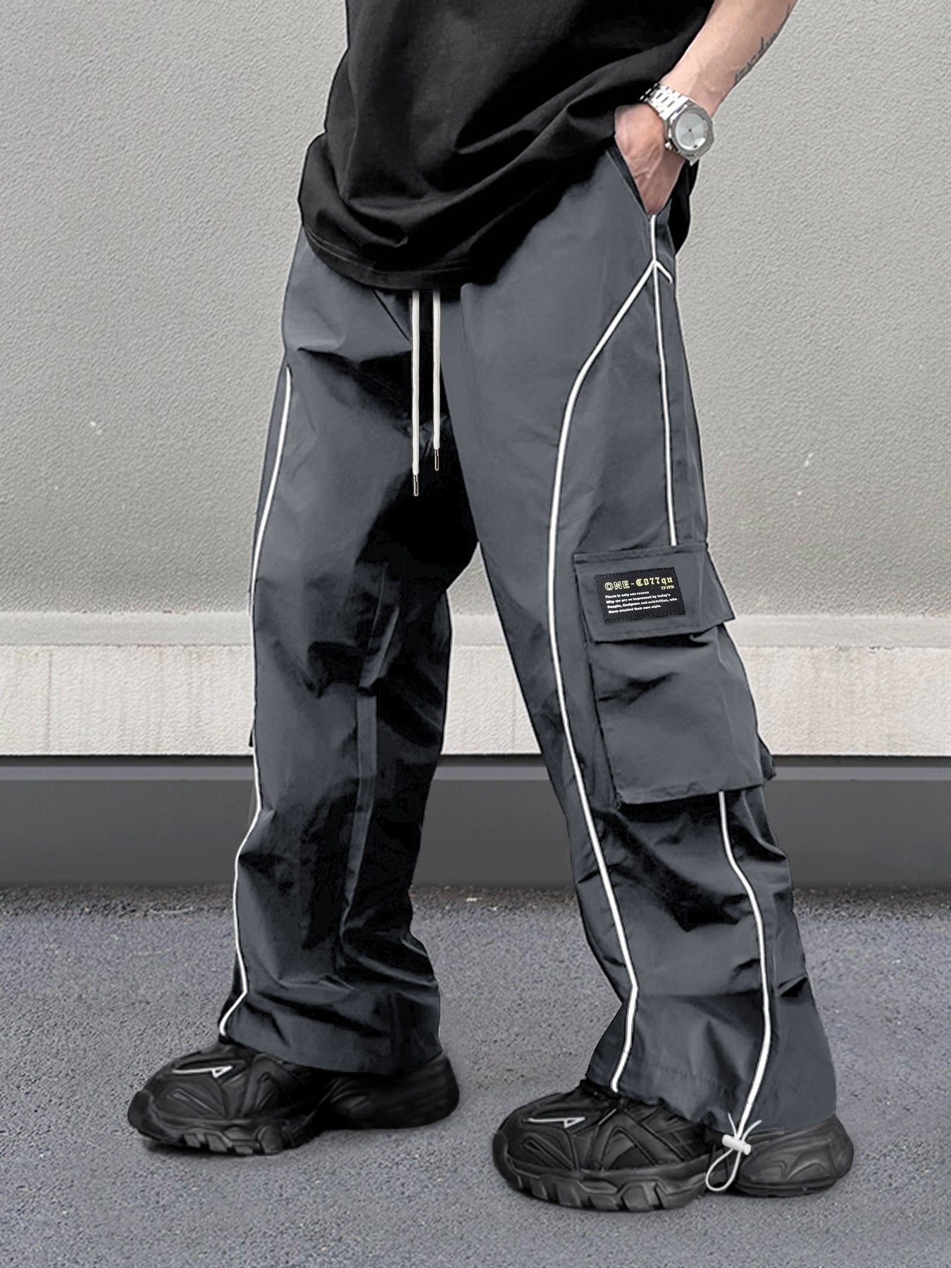 Men's Loose Letter Patched Contrast Binding Pocket  Cargo Pants
