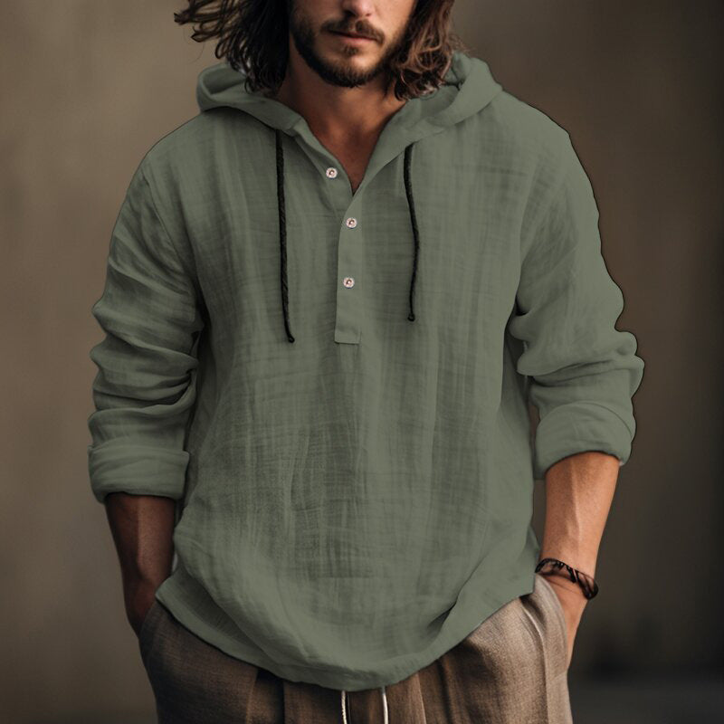 Men's Casual Long Sleeve Hooded Linen Shirt