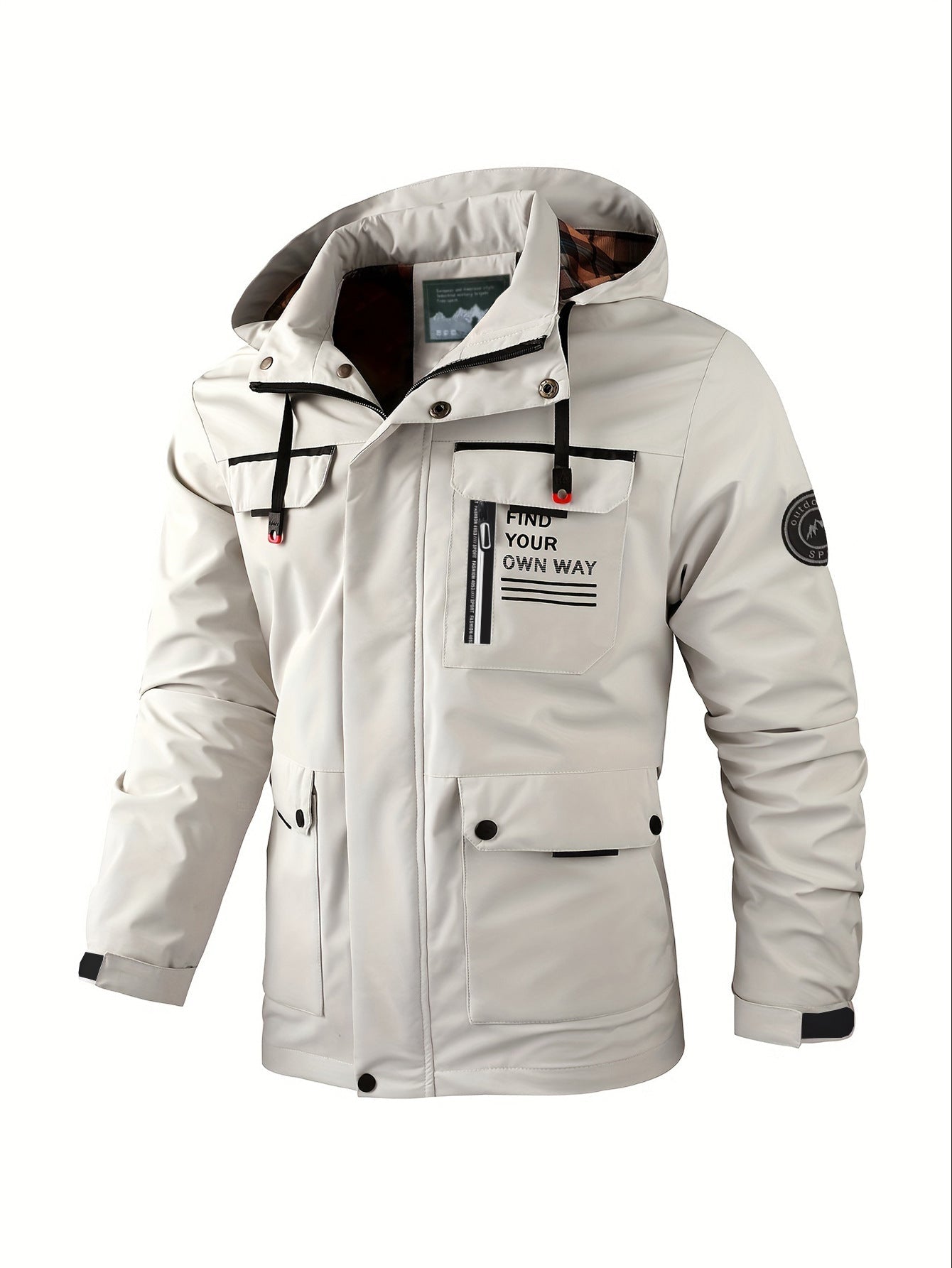 Men's letter-printed button pocket zipper hooded waterproof jacket