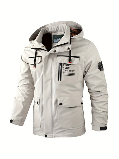Men's letter-printed button pocket zipper hooded waterproof jacket