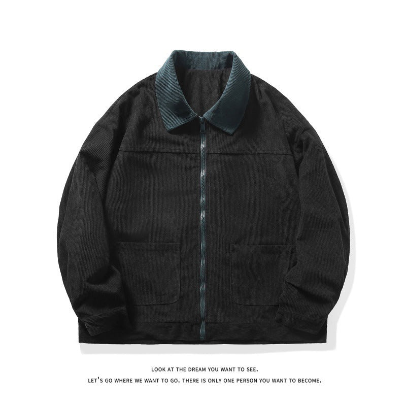 KZZ Men's Fashion Vintage Corduroy Jacket, Casual Loose Fit Colorblock Collar Design