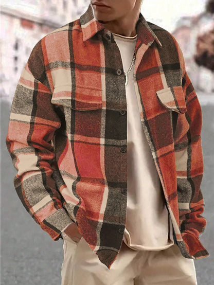 Men's Casual Loose-Fit Plaid Shirt,Vintage Style Long Sleeve Button Front Top