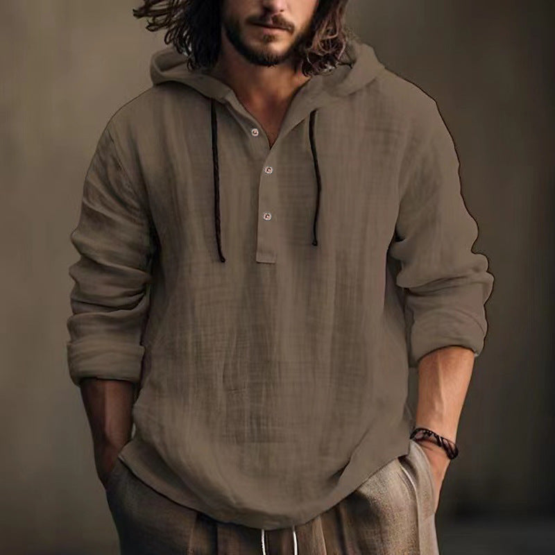 Men's Casual Long Sleeve Hooded Linen Shirt