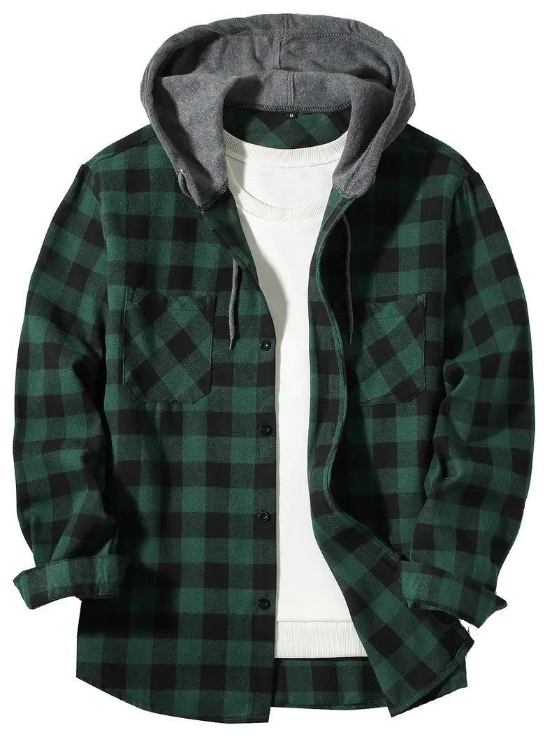 Plaid Patchwork Button Front Hooded Jacket